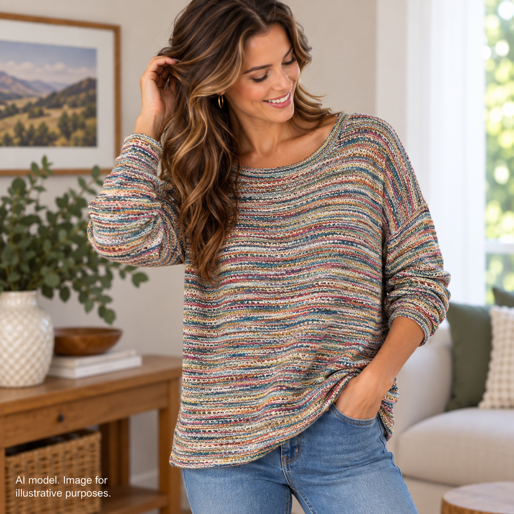 J Jill Sweater Womens Large Pink Colorful Heathered Stripe All Cotton Boho Knit